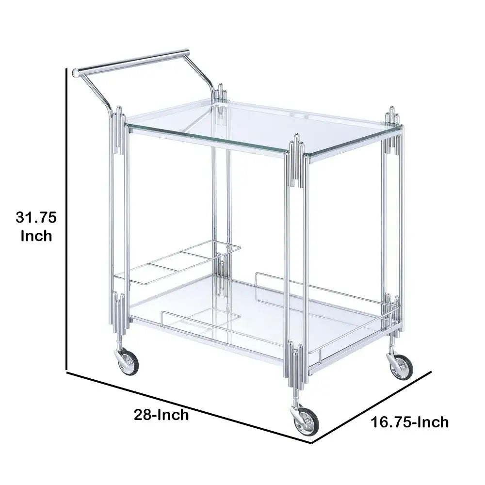 Rectangular Metal Design with Open Shelves and Mirrored Accents- Chic Silver Bar Cart & Serving Cart