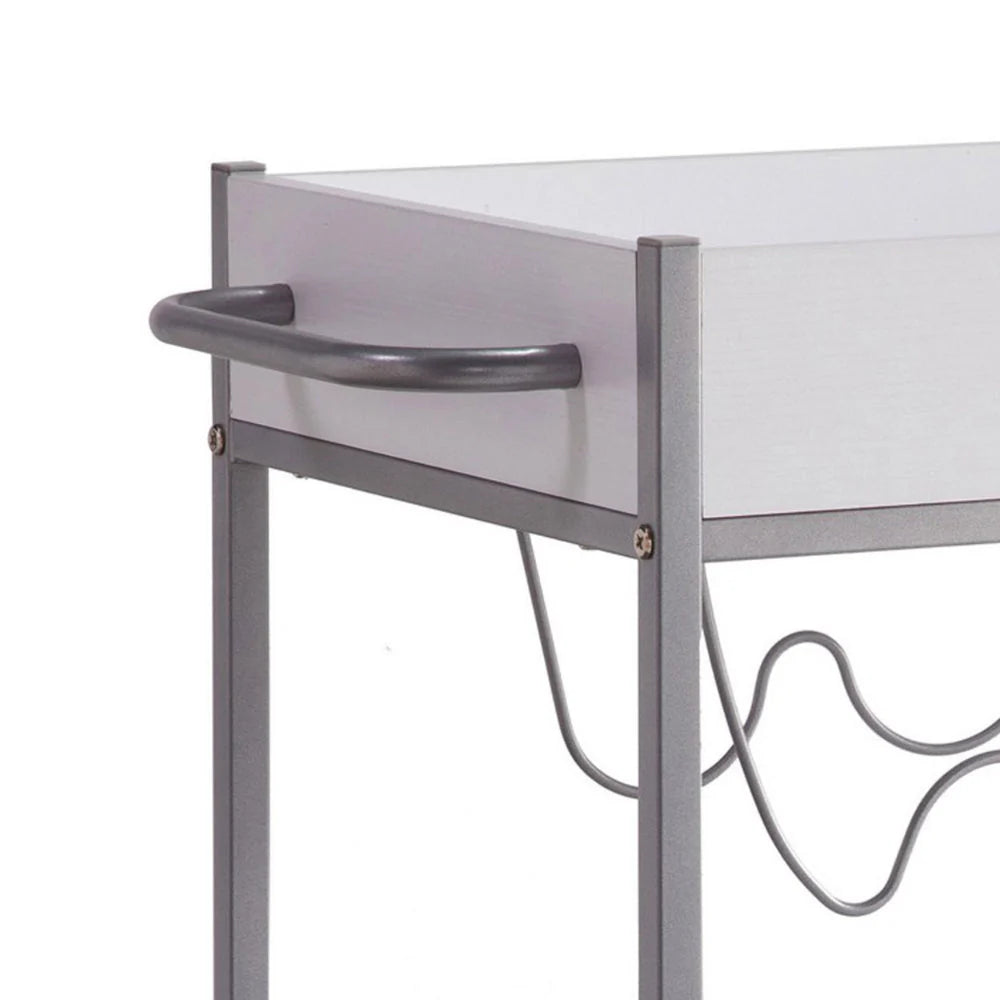 Kelcy 34-Inch Modern Bar & Serving Cart: Stylish 3-Shelf Design with Wine Rack and Wheels – Elegant White Finish