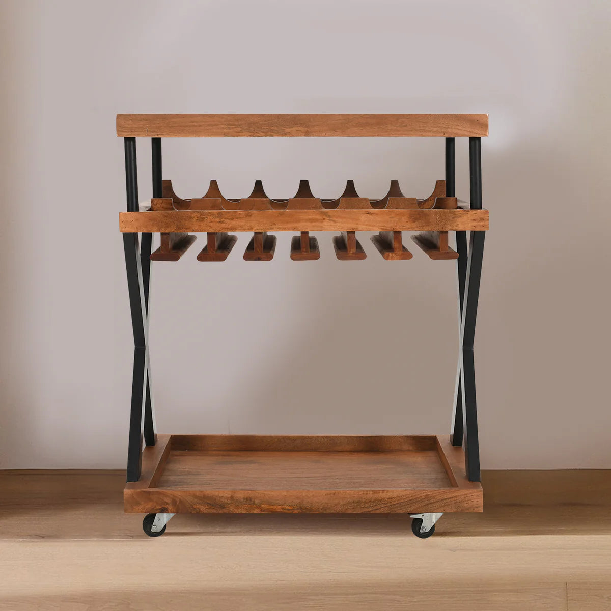 30 Inch Rolling Wine Bar Cart, 2 Tray Tops, Stemware Rack, Bottle Holder, Natural Brown Mango Wood