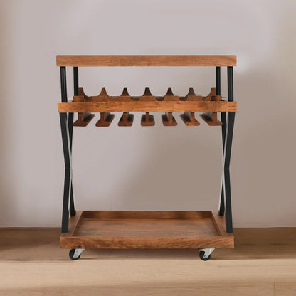 30 Inch Rolling Wine Bar Cart, 2 Tray Tops, Stemware Rack, Bottle Holder, Natural Brown Mango Wood