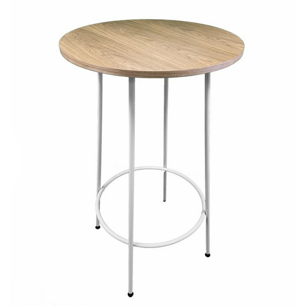 Neni 42-Inch Bar Table – Chic Round Natural Brown Wood Top with Sleek White Metal Legs