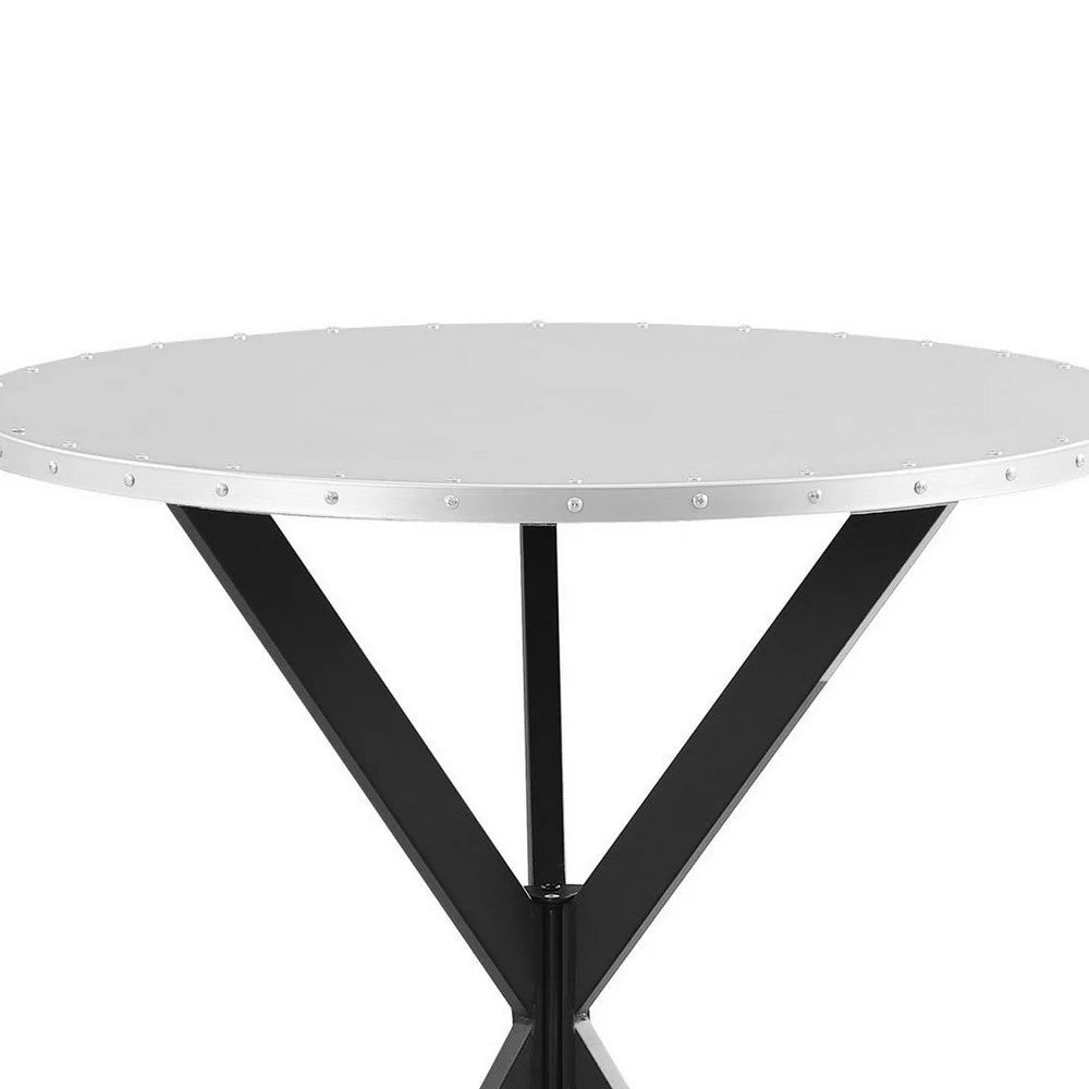 36 Inch Bar Table with Metal Top, Hammered Nails, Intersected Base, Silver – Ideal for Your Home Bar