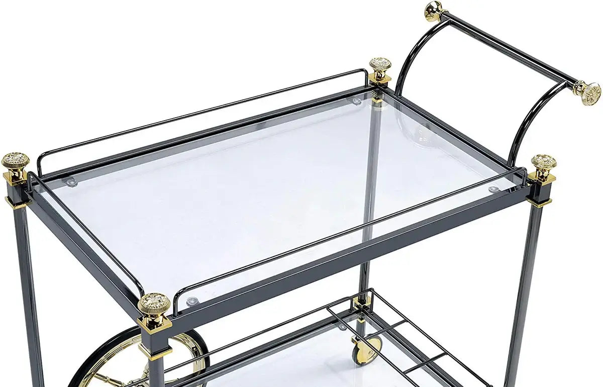 Black and Gold Metal Frame Bar Cart and Serving Cart: Elegant Design with Glass Shelves and Side Handle