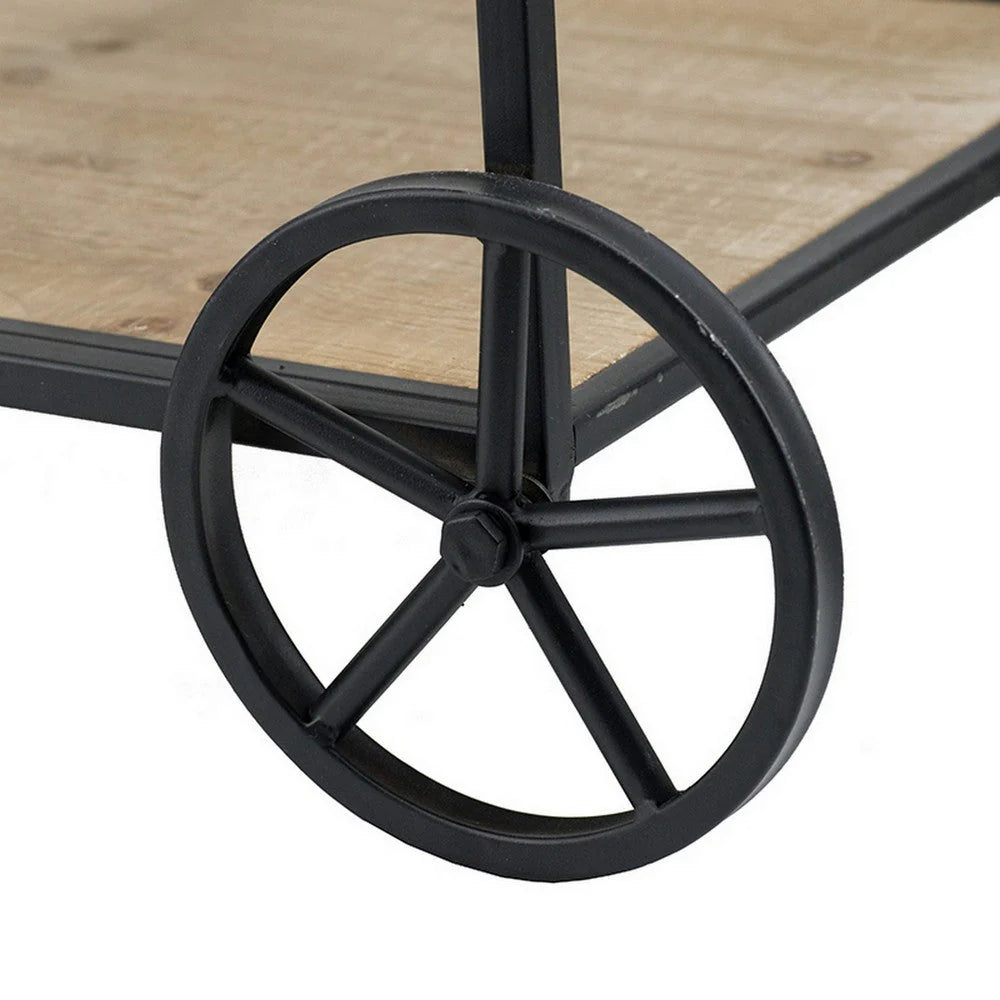 32-Inch Bar Cart & Serving Cart – 3-Tier Fir Wood Shelves with Black Iron Frame, Brown Accents