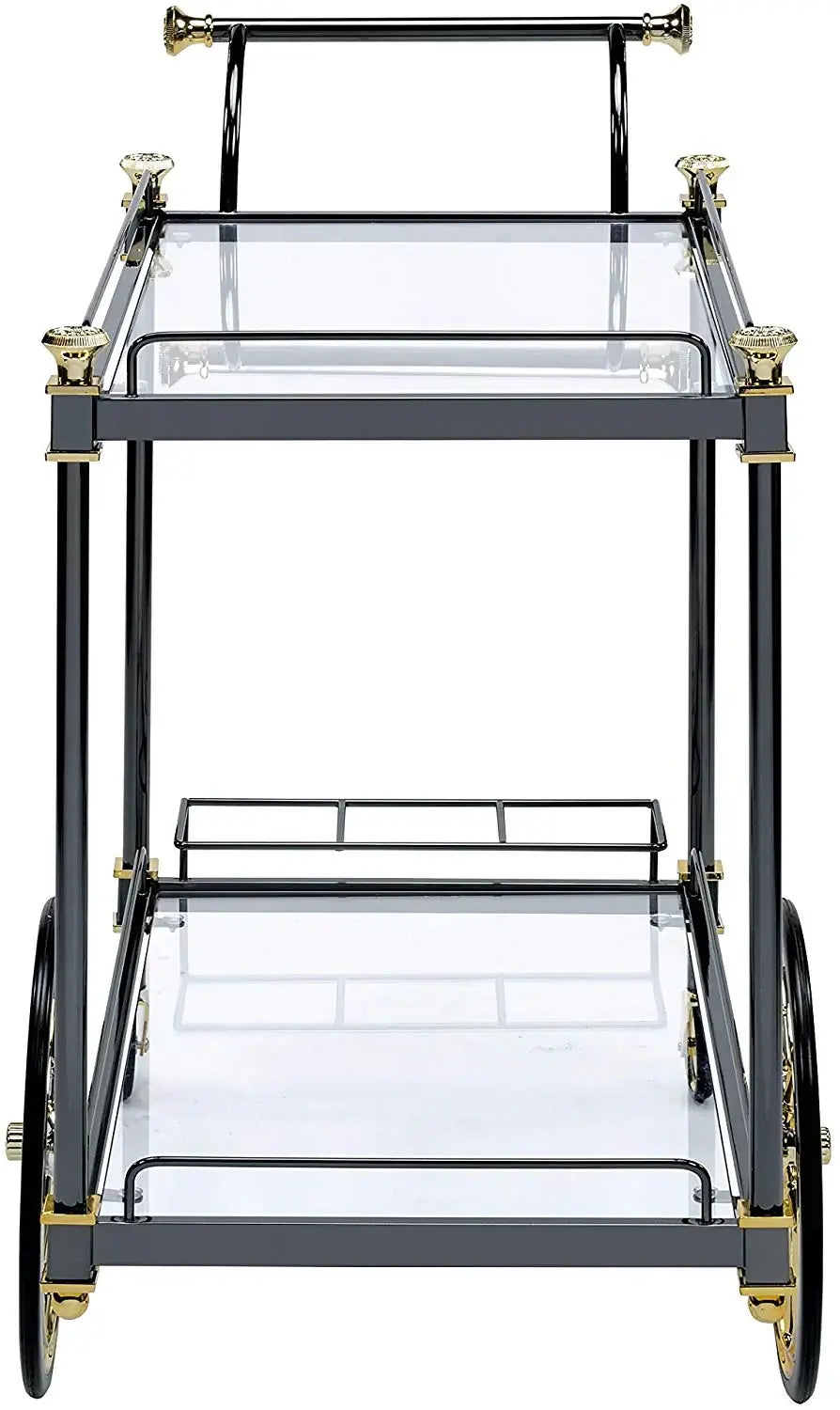 Black and Gold Metal Frame Bar Cart and Serving Cart: Elegant Design with Glass Shelves and Side Handle
