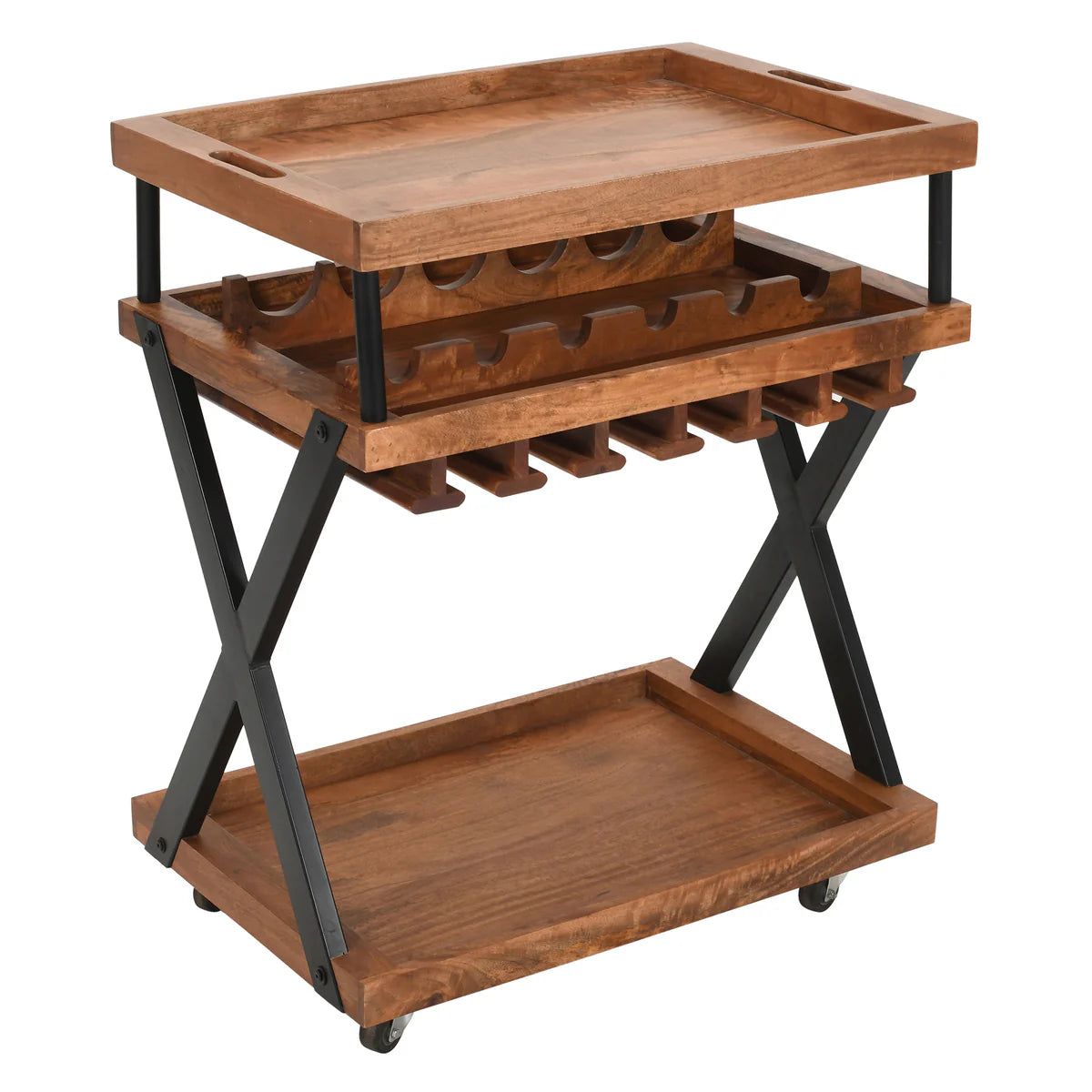 30 Inch Rolling Wine Bar Cart, 2 Tray Tops, Stemware Rack, Bottle Holder, Natural Brown Mango Wood
