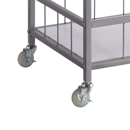 Kelcy 34-Inch Modern Bar & Serving Cart: Stylish 3-Shelf Design with Wine Rack and Wheels – Elegant White Finish