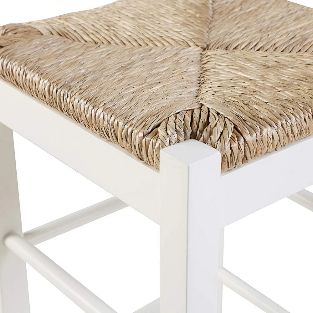 White & Brown Bar Stool with Hand Woven Rush for Your Home Bar – Square Wooden Frame Design