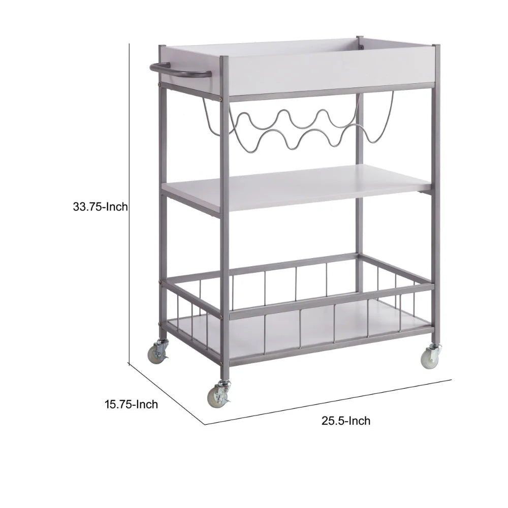 Kelcy 34-Inch Modern Bar & Serving Cart: Stylish 3-Shelf Design with Wine Rack and Wheels – Elegant White Finish