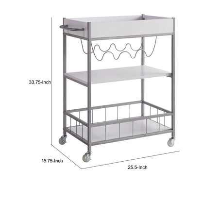 Kelcy 34-Inch Modern Bar & Serving Cart: Stylish 3-Shelf Design with Wine Rack and Wheels – Elegant White Finish