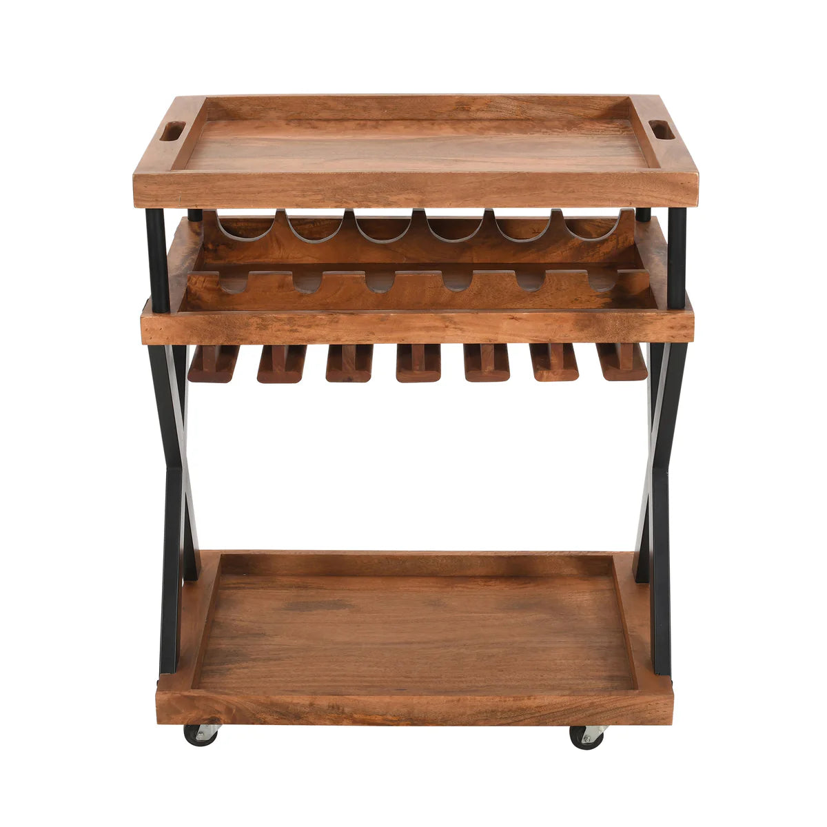 30 Inch Rolling Wine Bar Cart, 2 Tray Tops, Stemware Rack, Bottle Holder, Natural Brown Mango Wood