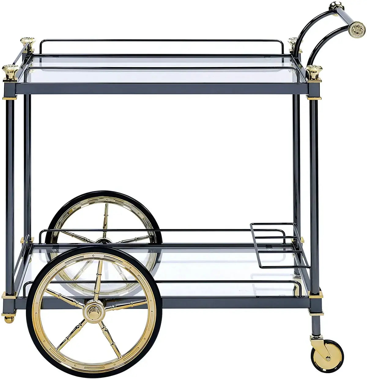 Black and Gold Metal Frame Bar Cart and Serving Cart: Elegant Design with Glass Shelves and Side Handle