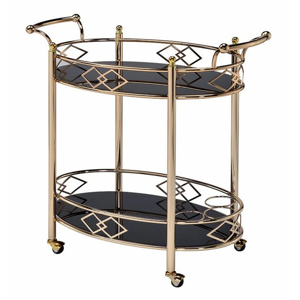 Gold and Black Metal Bar Cart with Tempered Glass Top and Open Bottom Shelf – Perfect Serving Cart for Stylish Entertaining