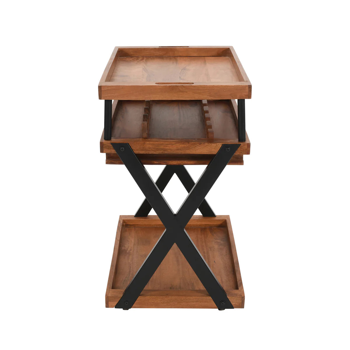 30 Inch Rolling Wine Bar Cart, 2 Tray Tops, Stemware Rack, Bottle Holder, Natural Brown Mango Wood