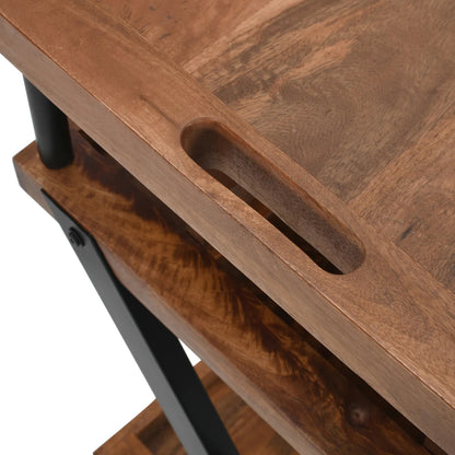 30 Inch Rolling Wine Bar Cart, 2 Tray Tops, Stemware Rack, Bottle Holder, Natural Brown Mango Wood