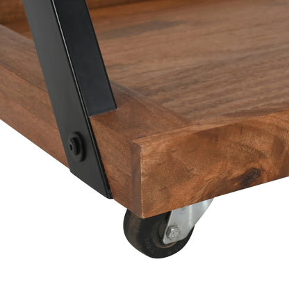 30 Inch Rolling Wine Bar Cart, 2 Tray Tops, Stemware Rack, Bottle Holder, Natural Brown Mango Wood