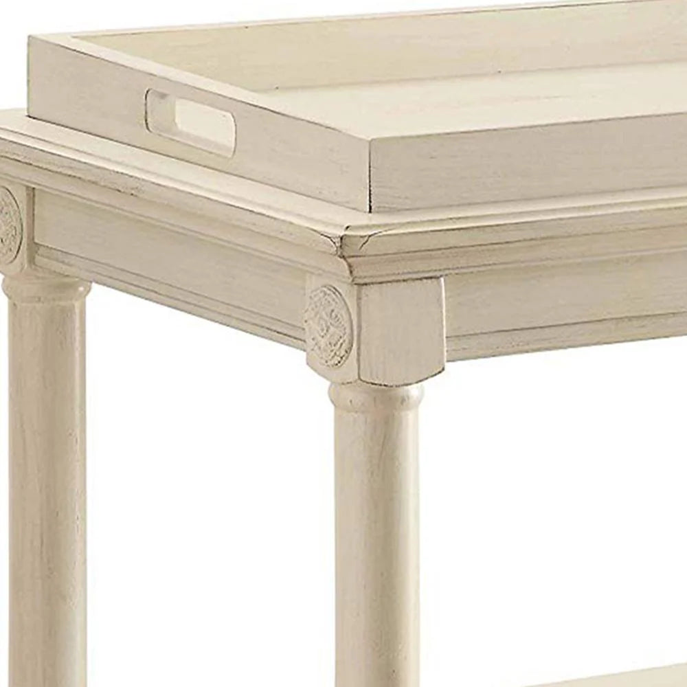 32 Inch 2 Tier Wooden Tray Table with Casters, Antique White
