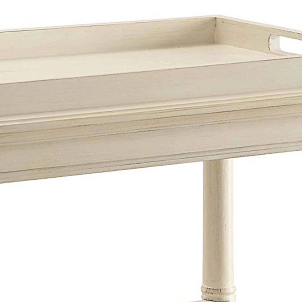 32 Inch 2 Tier Wooden Tray Table with Casters, Antique White