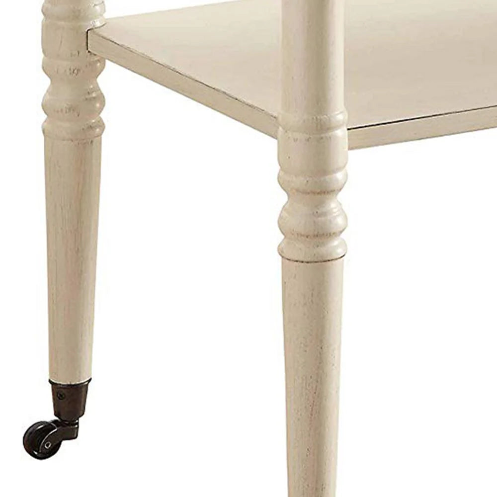 32 Inch 2 Tier Wooden Tray Table with Casters, Antique White