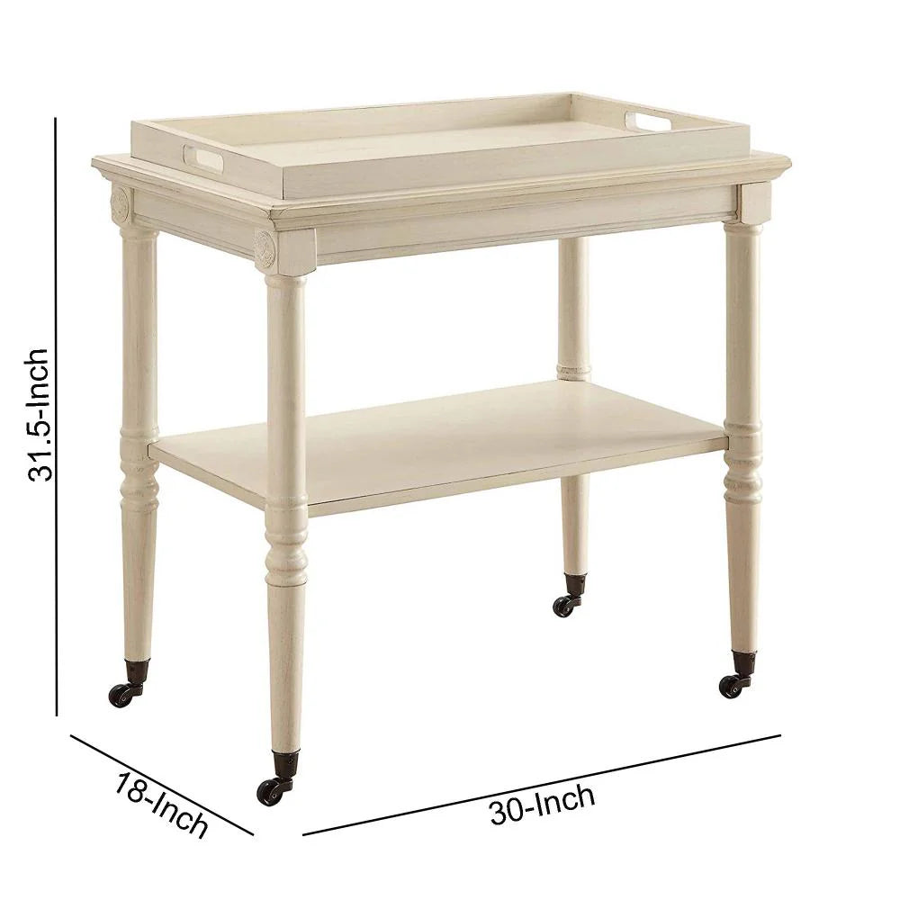 32 Inch 2 Tier Wooden Tray Table with Casters, Antique White