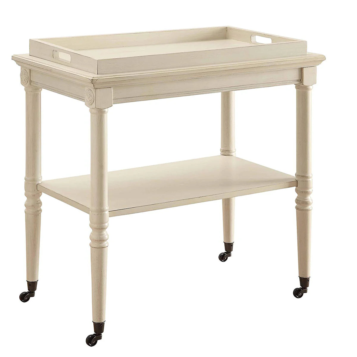 32 Inch 2 Tier Wooden Tray Table with Casters, Antique White