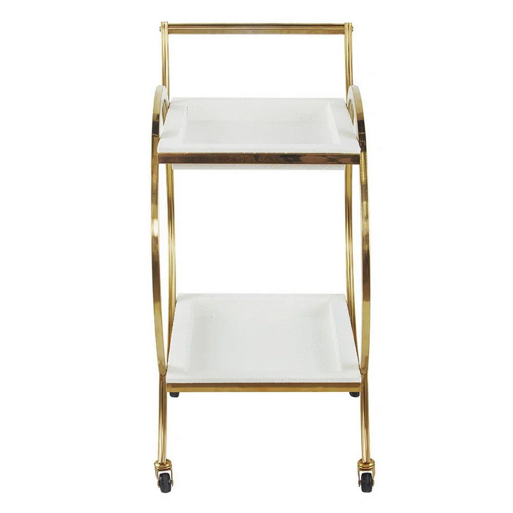 Sia 34-Inch Bar Cart & Serving Cart – Round Steel Frame, Removable White Trays with Gold Accents