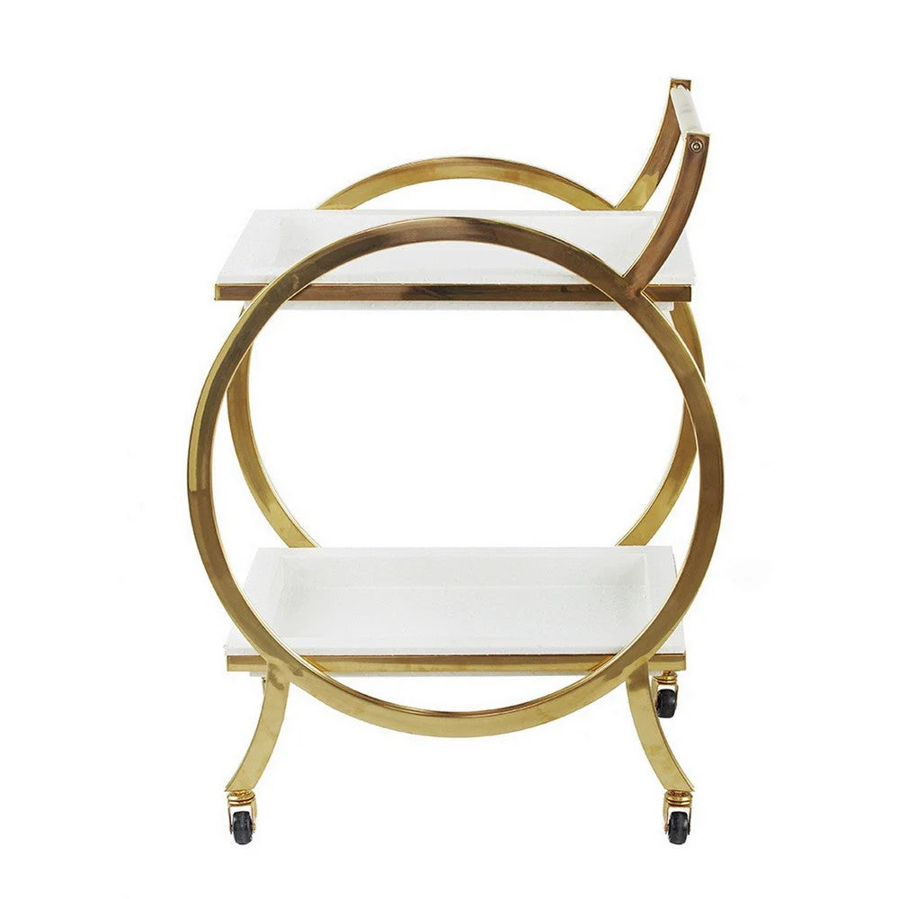 Sia 34-Inch Bar Cart & Serving Cart – Round Steel Frame, Removable White Trays with Gold Accents
