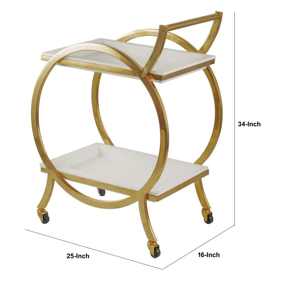 Sia 34-Inch Bar Cart & Serving Cart – Round Steel Frame, Removable White Trays with Gold Accents