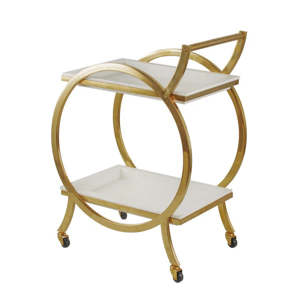 Sia 34-Inch Bar Cart & Serving Cart – Round Steel Frame, Removable White Trays with Gold Accents