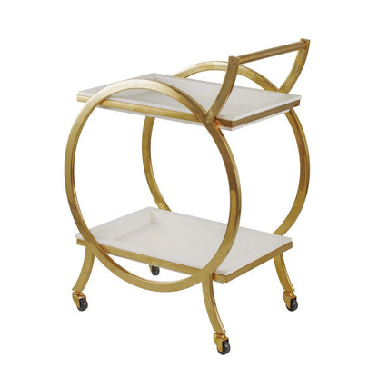 Sia 34-Inch Bar Cart & Serving Cart – Round Steel Frame, Removable White Trays with Gold Accents