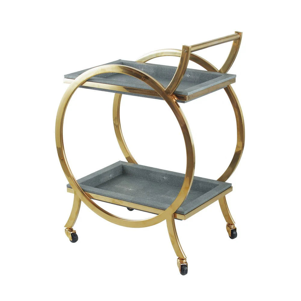 Sia 34-Inch Bar Cart & Serving Cart: Round Steel Frame with Removable Gray Trays and Gold Accents