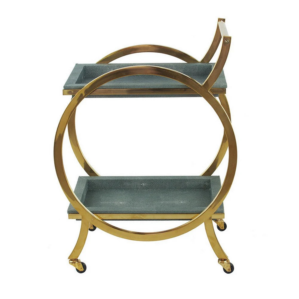 Sia 34-Inch Bar Cart & Serving Cart: Round Steel Frame with Removable Gray Trays and Gold Accents