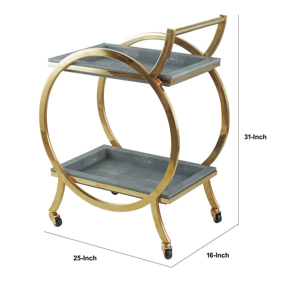 Sia 34-Inch Bar Cart & Serving Cart: Round Steel Frame with Removable Gray Trays and Gold Accents