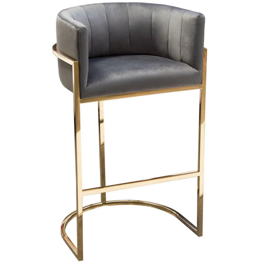 Meha 29-Inch Cantilever Bar Stool for Home Bar, Gray Velvet with Channel-Tufted Back and Gold Base