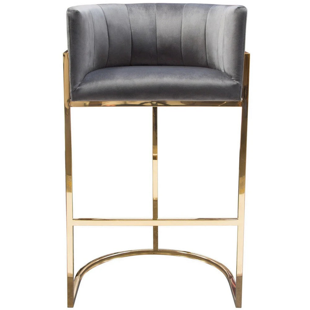 Meha 29-Inch Cantilever Bar Stool for Home Bar, Gray Velvet with Channel-Tufted Back and Gold Base