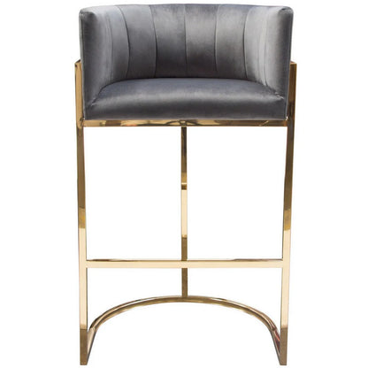 Meha 29-Inch Cantilever Bar Stool for Home Bar, Gray Velvet with Channel-Tufted Back and Gold Base