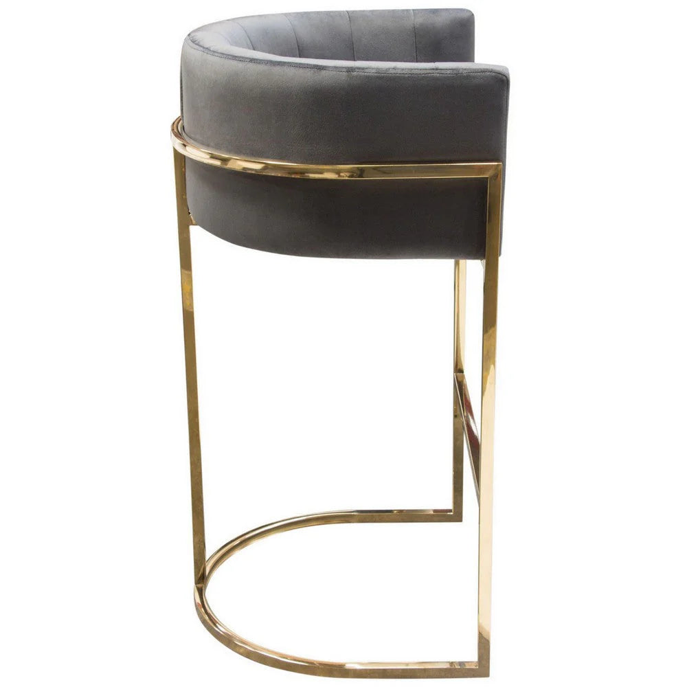 Meha 29-Inch Cantilever Bar Stool for Home Bar, Gray Velvet with Channel-Tufted Back and Gold Base