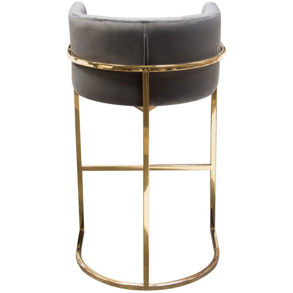Meha 29-Inch Cantilever Bar Stool for Home Bar, Gray Velvet with Channel-Tufted Back and Gold Base
