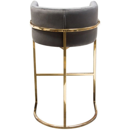 Meha 29-Inch Cantilever Bar Stool for Home Bar, Gray Velvet with Channel-Tufted Back and Gold Base