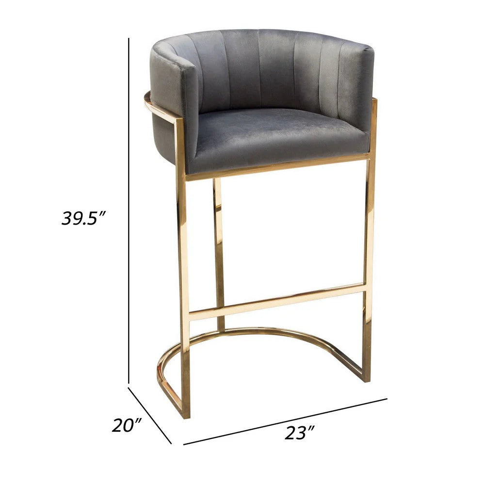 Meha 29-Inch Cantilever Bar Stool for Home Bar, Gray Velvet with Channel-Tufted Back and Gold Base