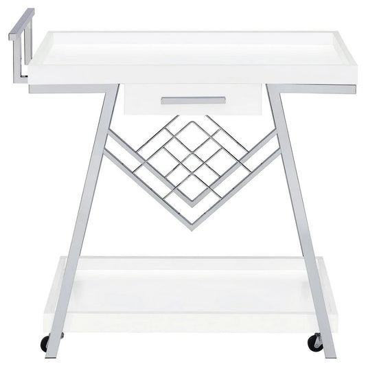 35-Inch Rolling Bar & Serving Cart: 2-Tier with Drawer, White Wood & Chrome Finish, Elegant Design