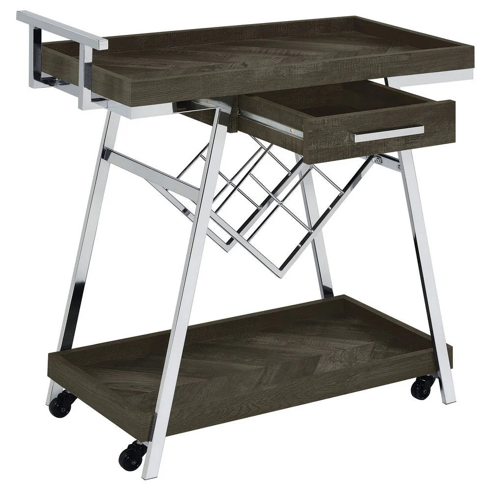 35-Inch Rolling Bar Cart & Serving Cart: 2-Tier with Drawer, Black Wood & Chrome Finish, Elegant Design