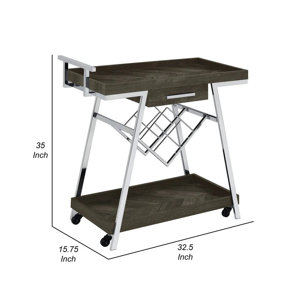 35-Inch Rolling Bar Cart & Serving Cart: 2-Tier with Drawer, Black Wood & Chrome Finish, Elegant Design