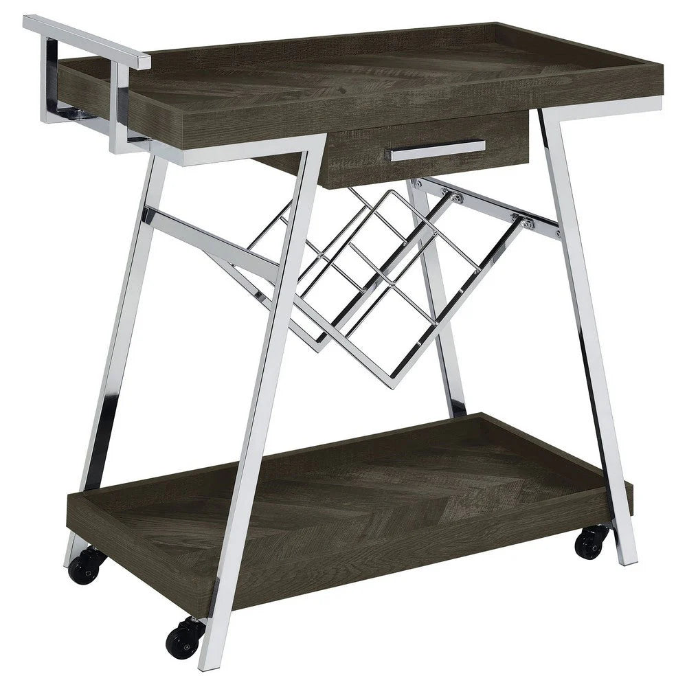 35-Inch Rolling Bar Cart & Serving Cart: 2-Tier with Drawer, Black Wood & Chrome Finish, Elegant Design