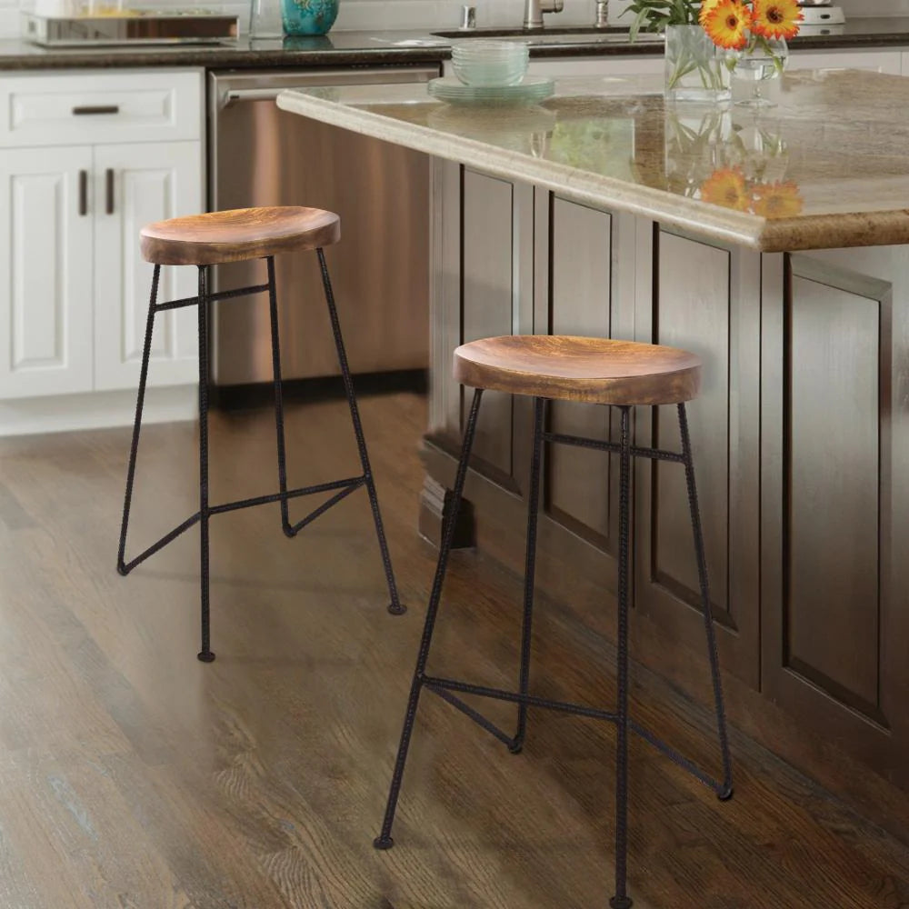 Jael 28-Inch Bar Stool: Mango Wood Saddle Seat with Iron Rod Legs – Stylish Addition to Your Home Bar