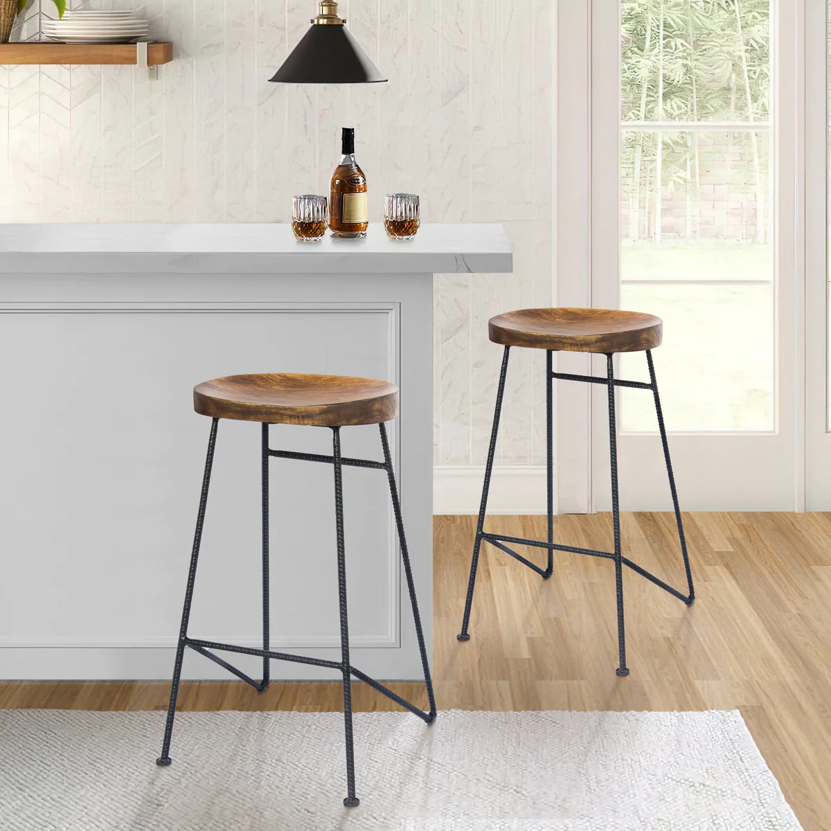 Jael 28-Inch Bar Stool: Mango Wood Saddle Seat with Iron Rod Legs – Stylish Addition to Your Home Bar