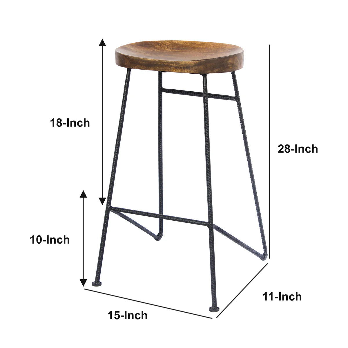 Jael 28-Inch Bar Stool: Mango Wood Saddle Seat with Iron Rod Legs – Stylish Addition to Your Home Bar