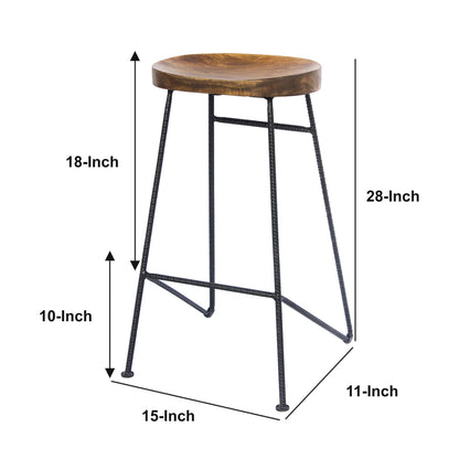 Jael 28-Inch Bar Stool: Mango Wood Saddle Seat with Iron Rod Legs – Stylish Addition to Your Home Bar