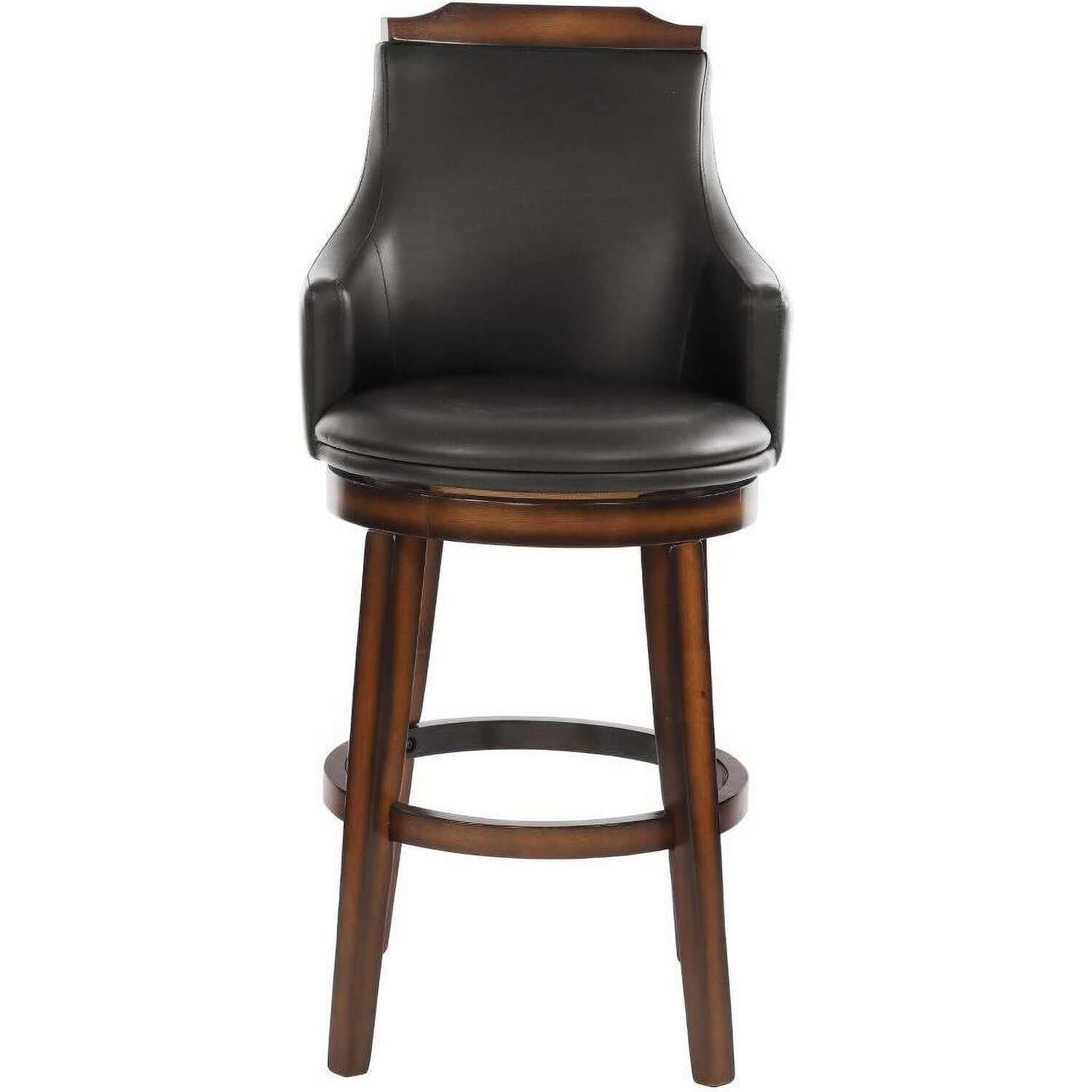 Wood & Leather Bar Height Chair With Swivel Mechanism, Oak Brown & Black, Set Of 2