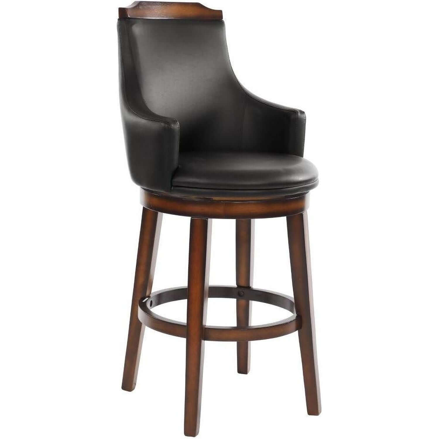 Wood & Leather Bar Height Chair With Swivel Mechanism, Oak Brown & Black, Set Of 2